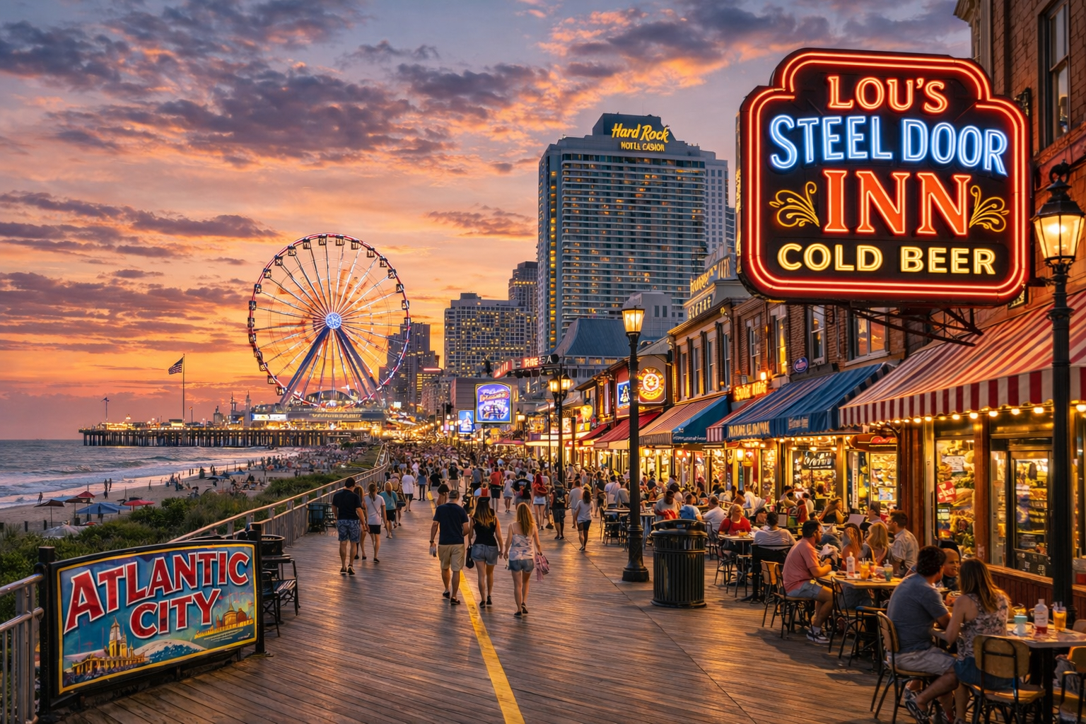 Atlantic City tours along the historic boardwalk at sunset with crowds, neon lights, and the Steel Pier Ferris wheel.