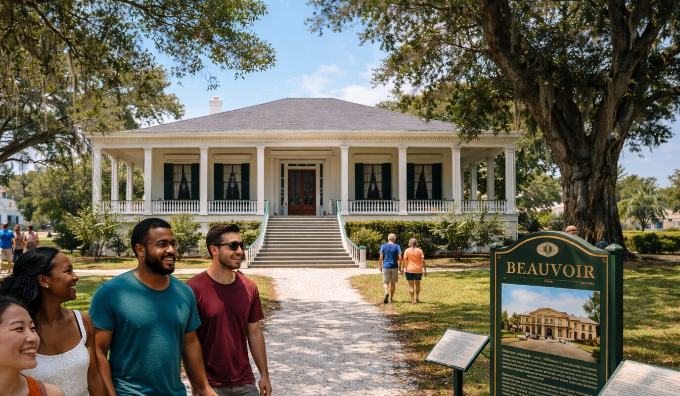 Beauvoir historic house in Biloxi Mississippi with oyster shell path and oak trees on Biloxi tours