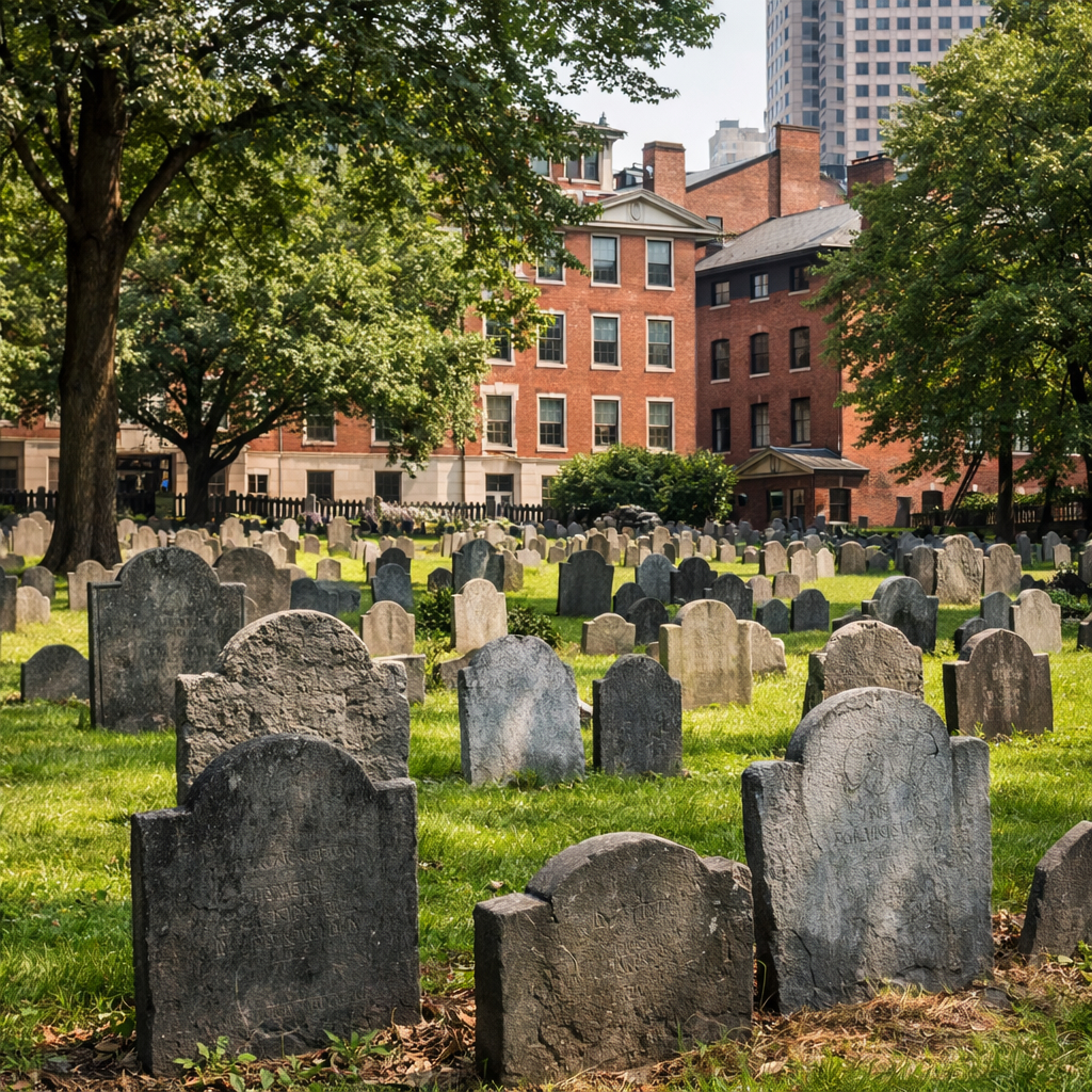 Granary Burying Ground historic cemetery in Boston with colonial slate gravestones and red brick buildings — Boston tours
