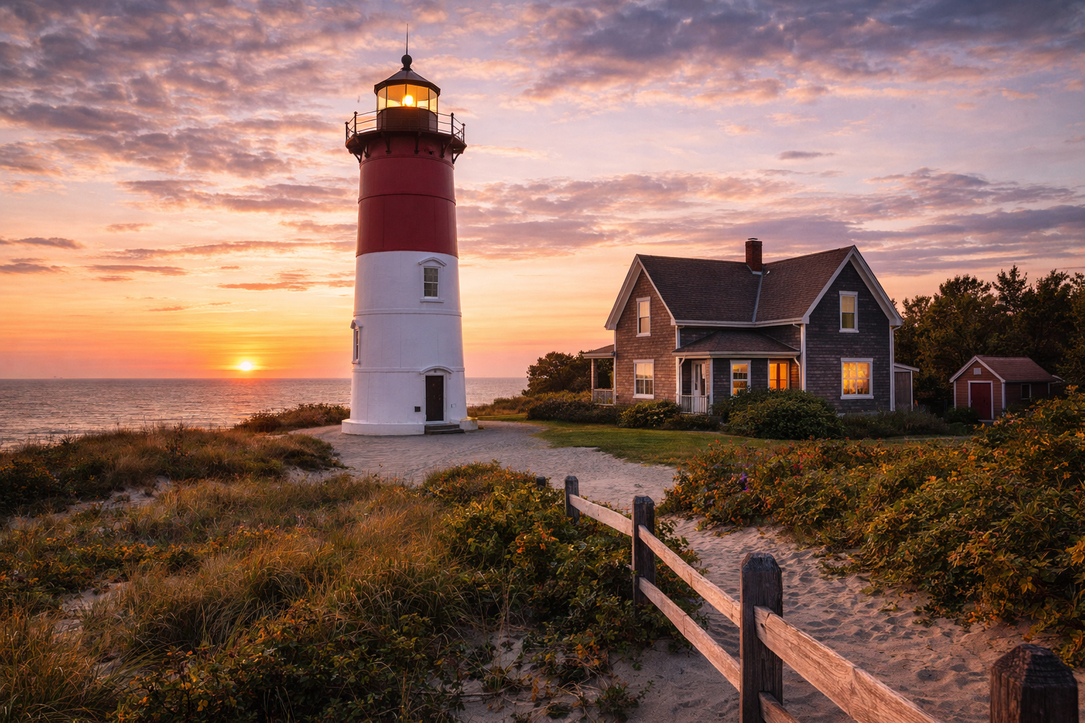 Nauset Light lighthouse at sunset on Cape Cod with coastal dunes and classic shingled cottage.