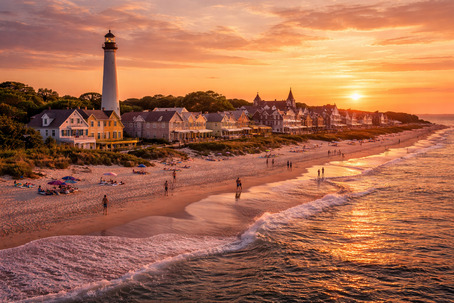 Cape May Lighthouse overlooking the Atlantic shoreline near Cape May, New Jersey at sunset