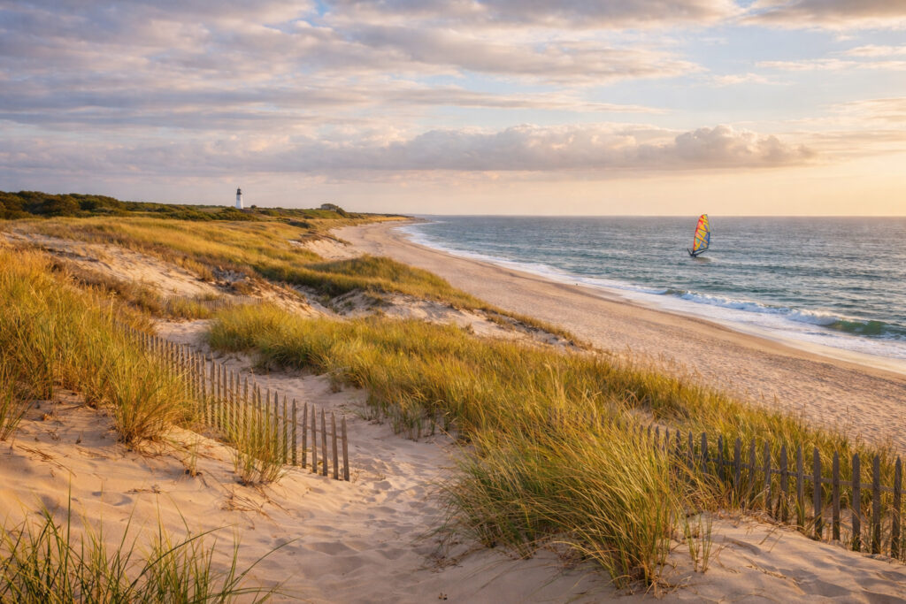 Cape Cod National Seashore dunes with windsurfer and distant lighthouse Massachusetts - Cape Cod Tours
