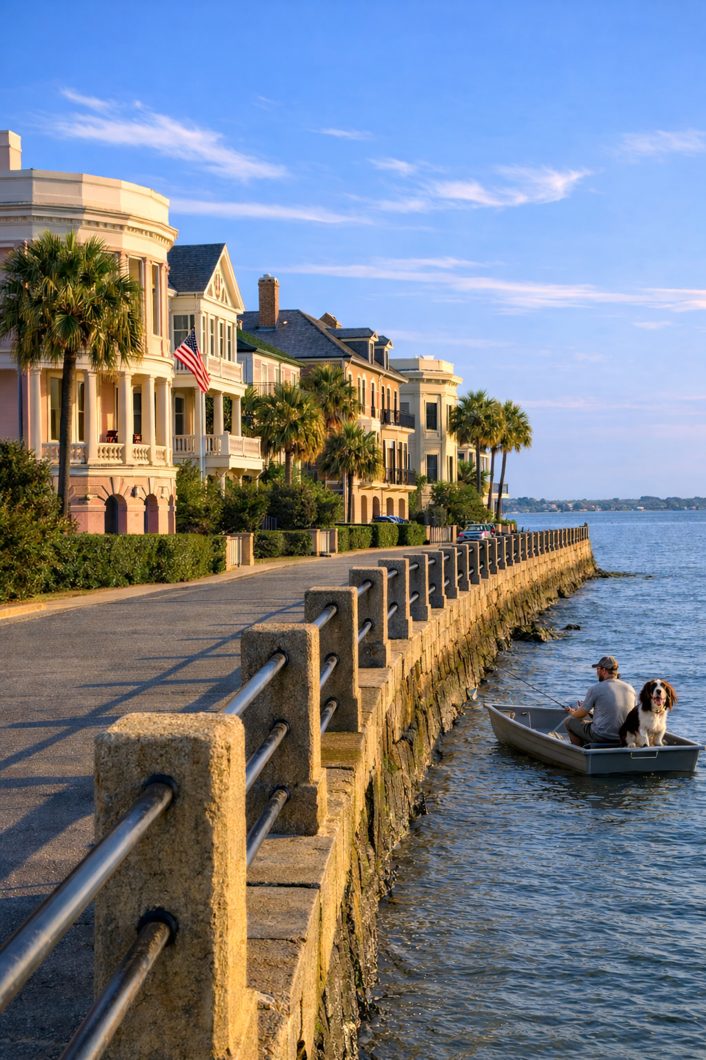Charleston Battery promenade and historic homes with fisherman and dog in small boat on Charleston Harbor
