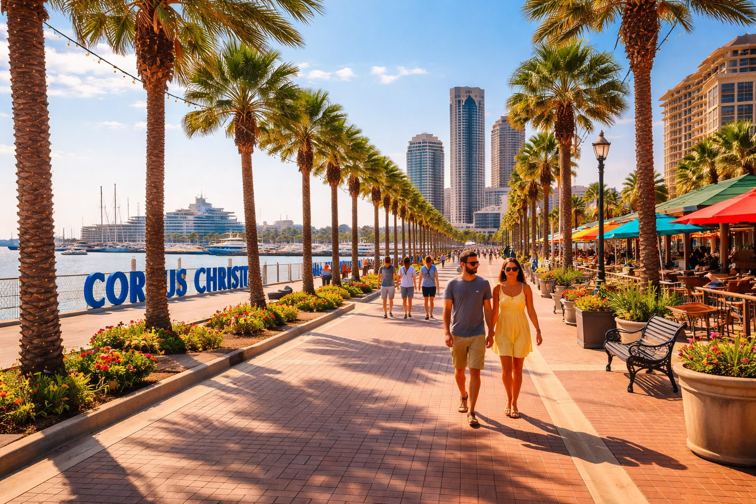 Shoreline Boulevard waterfront promenade in Corpus Christi Texas with palm trees, marina views, and downtown skyline