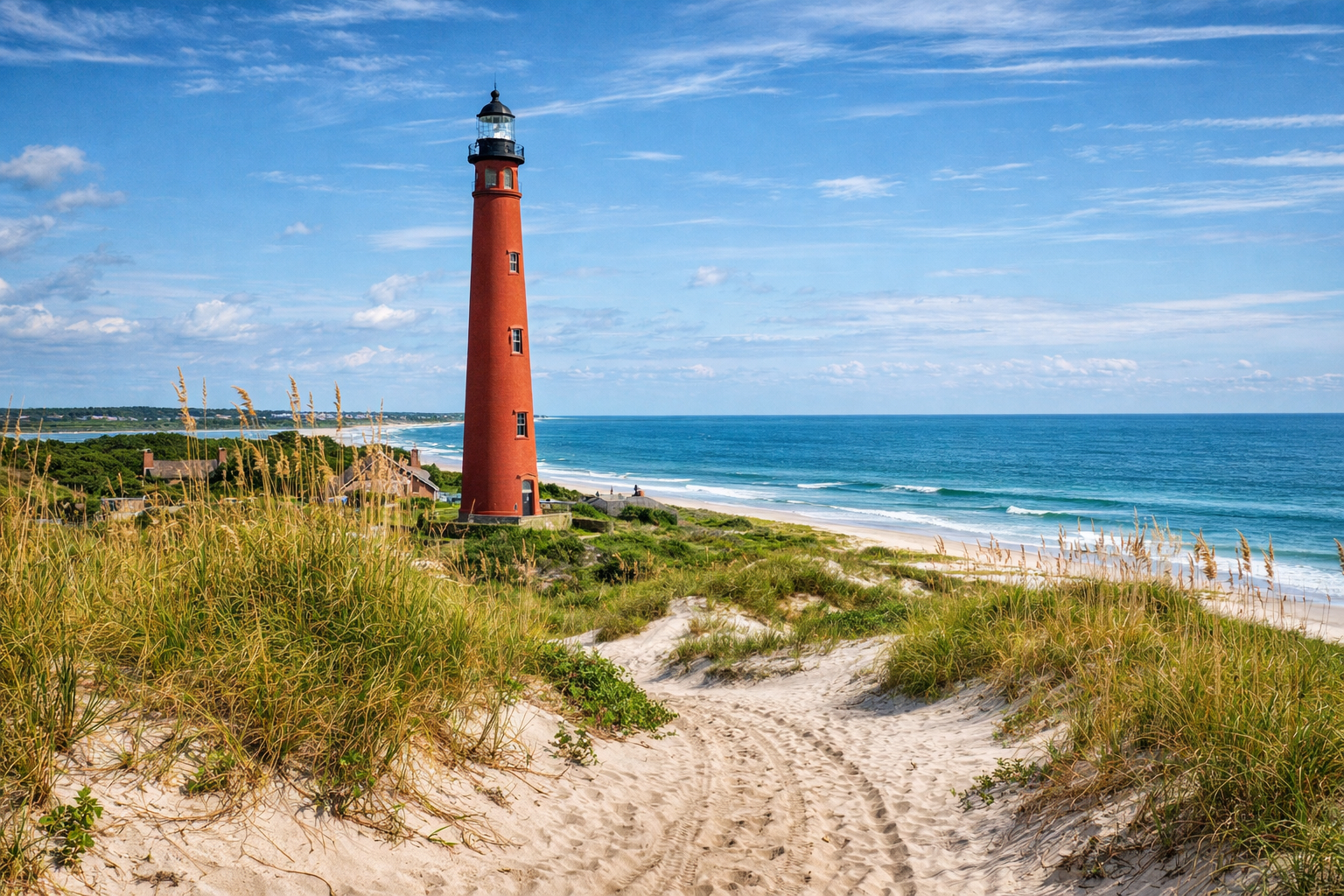 Ponce de Leon Inlet Lighthouse rising above coastal dunes near Daytona Beach, Florida.
