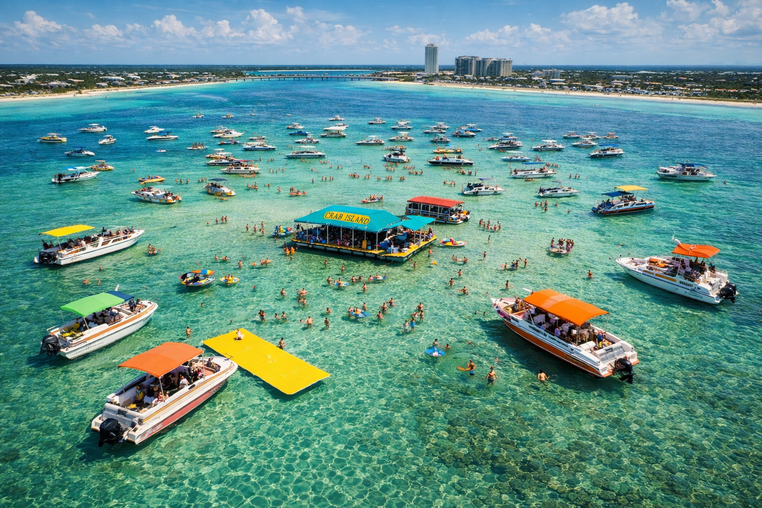 Crowds of boats gathering at Crab Island sandbar in Destin, Florida, one of the most popular destinations on Destin tours.