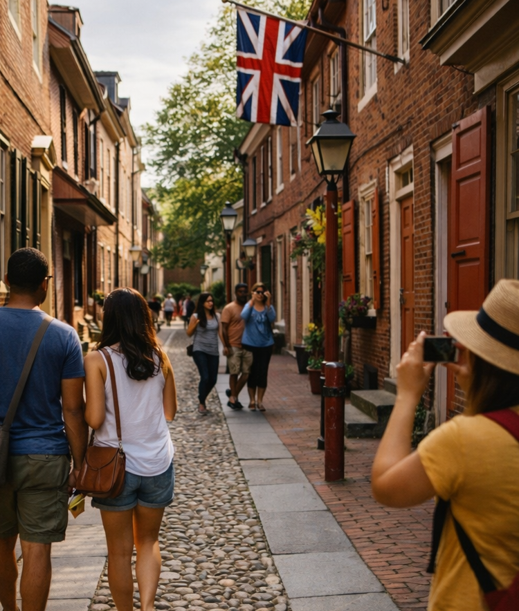 Travelers exploring Elfreth’s Alley with Philadelphia tours; a narrow historic cobblestone street lined with colonial houses.