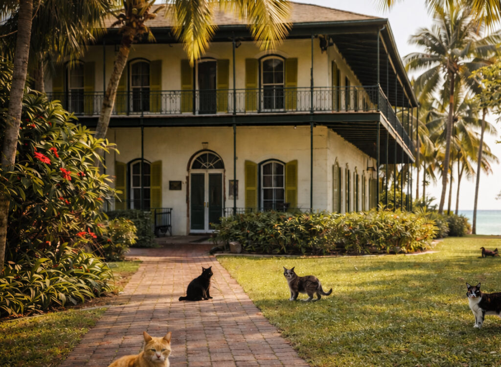Ernest Hemingway House in Key West with several six-toed cats resting in the tropical garden near the Atlantic shoreline - Florida & Keys Tours.