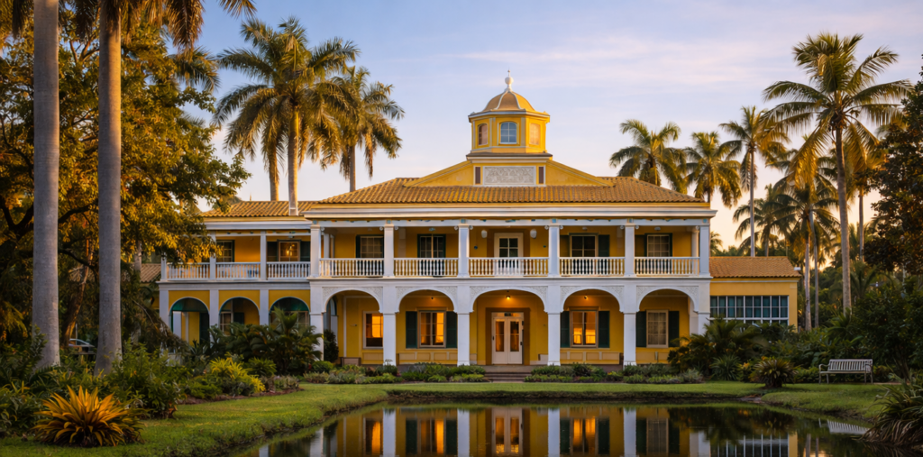 Historic Bonnet House estate in Fort Lauderdale surrounded by lush gardens and palm trees, a popular stop on Fort Lauderdale tours.