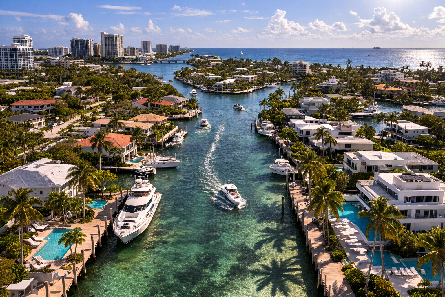 Aerial view of waterfront canals and homes in Fort Lauderdale, Florida.