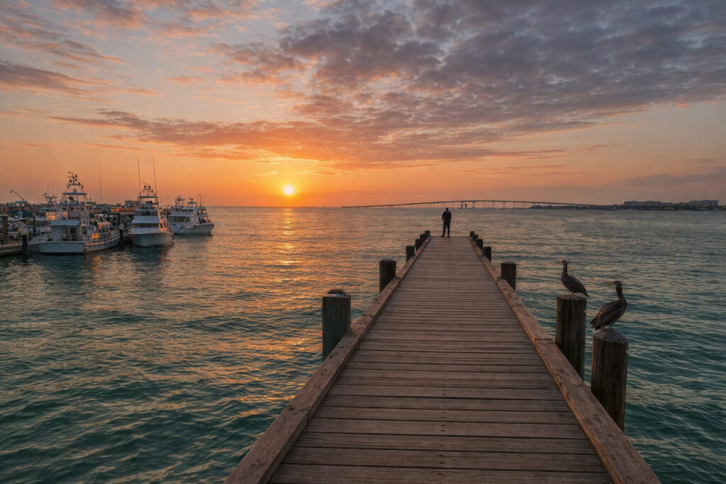 Wooden fishing pier at sunset in Destin, Florida with emerald Gulf waters, pelicans perched on dock posts, and charter boats in the harbor.