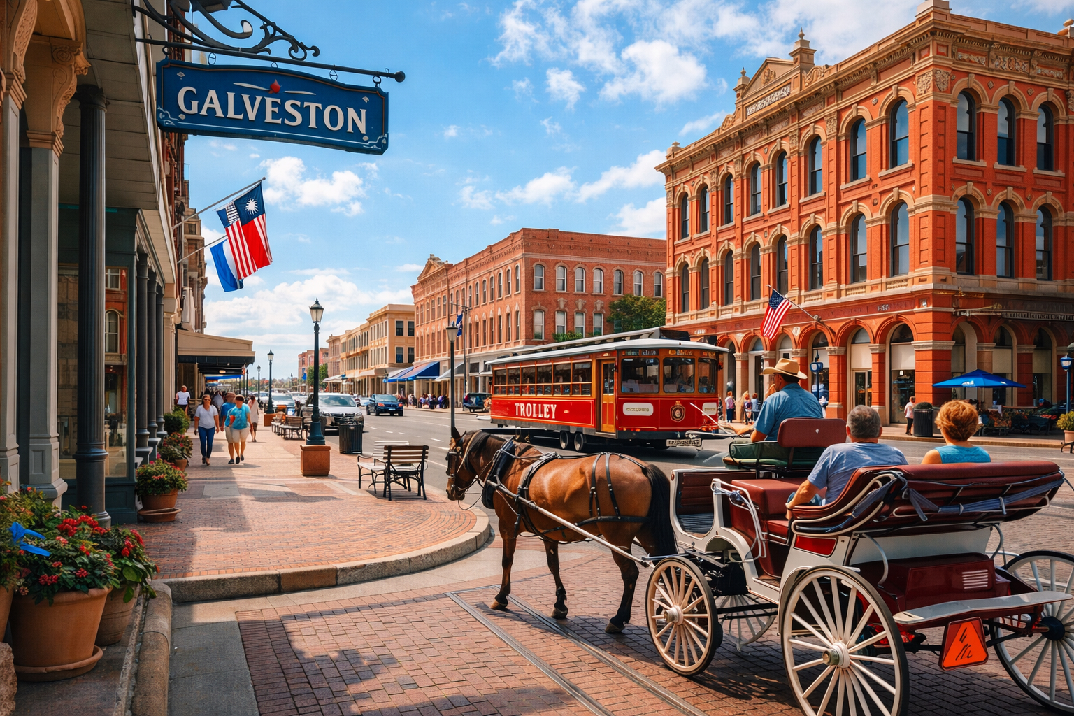 Historic Strand District in Galveston Texas with Victorian buildings, trolley, and horse-drawn carriage on Galveston tours