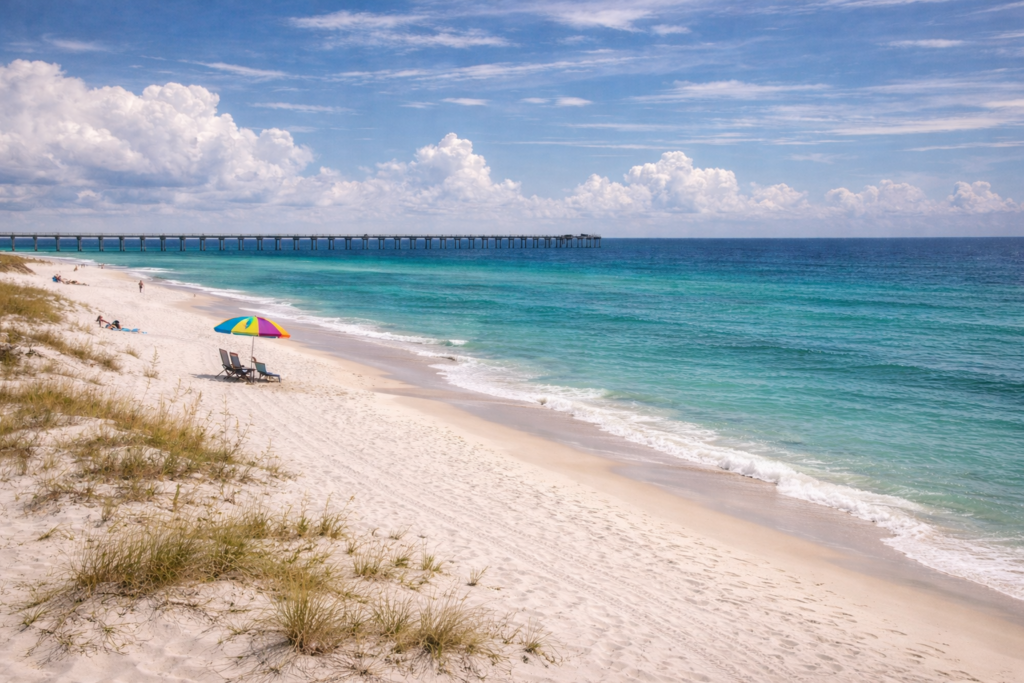 Gulf Coast shoreline with white sand, calm water, and wide open coastal sky - Gulf Coast Tours