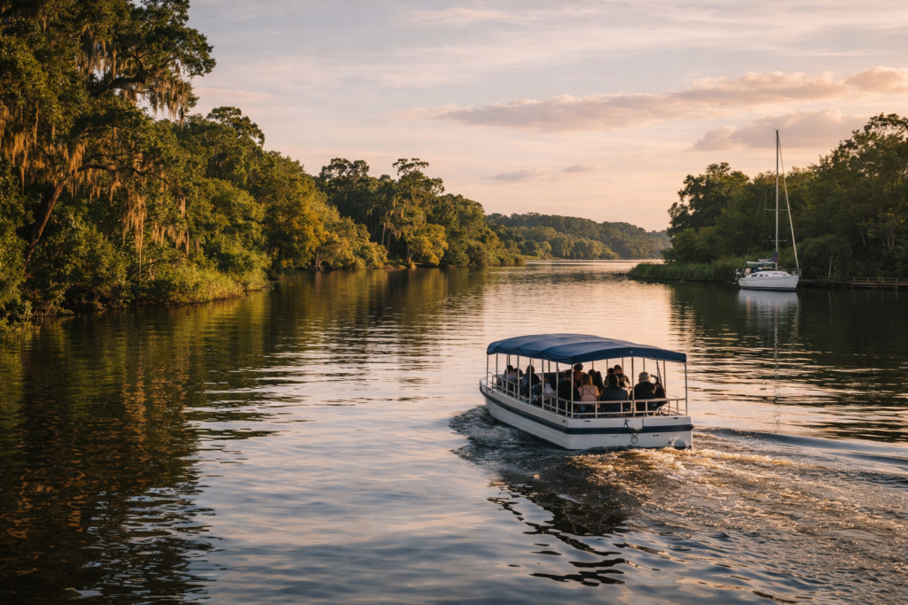 Jacksonville tours boat cruising along the St. Johns River surrounded by lush green shoreline