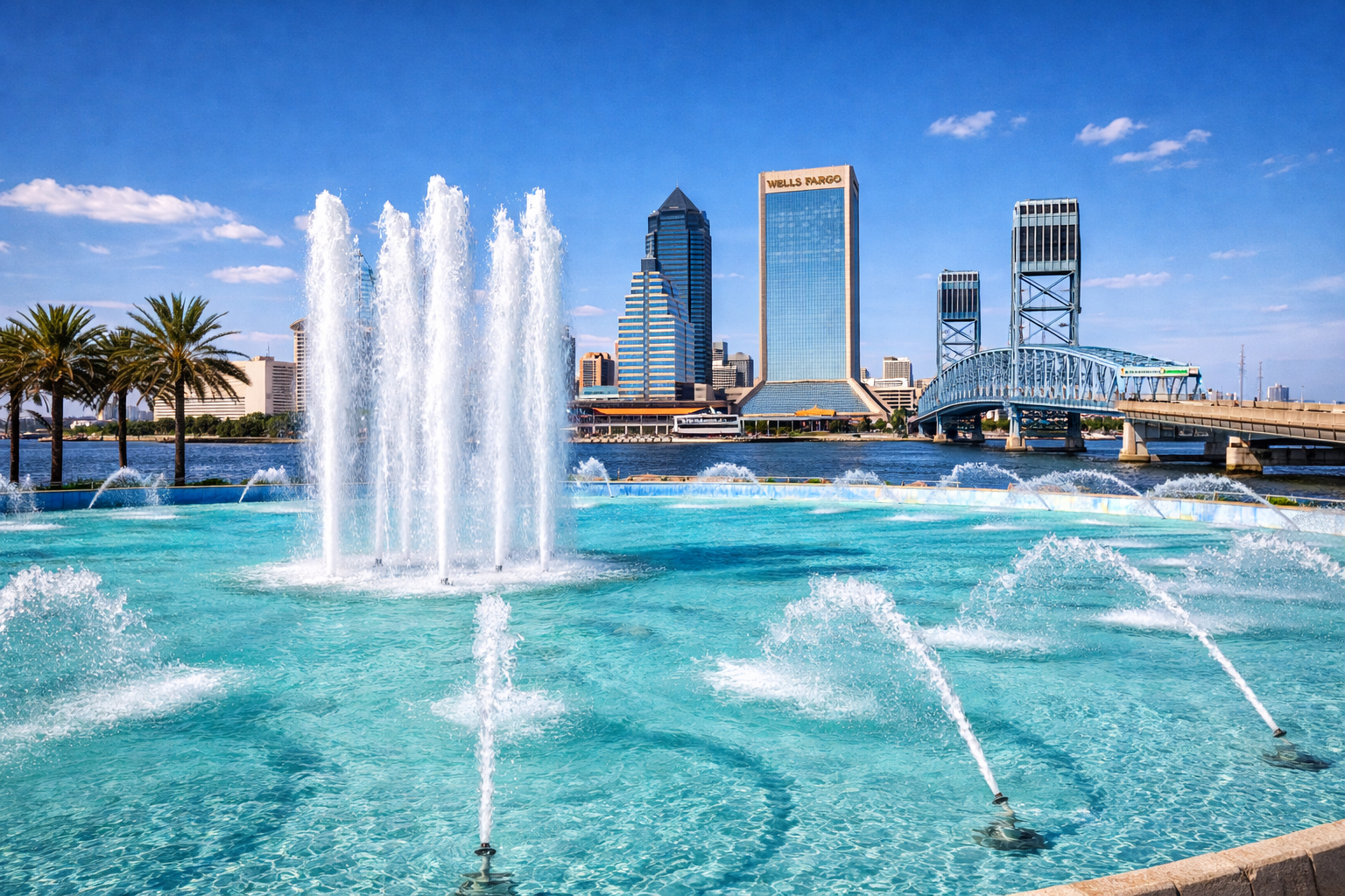 Friendship Fountain rising from the St. Johns River waterfront in Jacksonville, Florida.