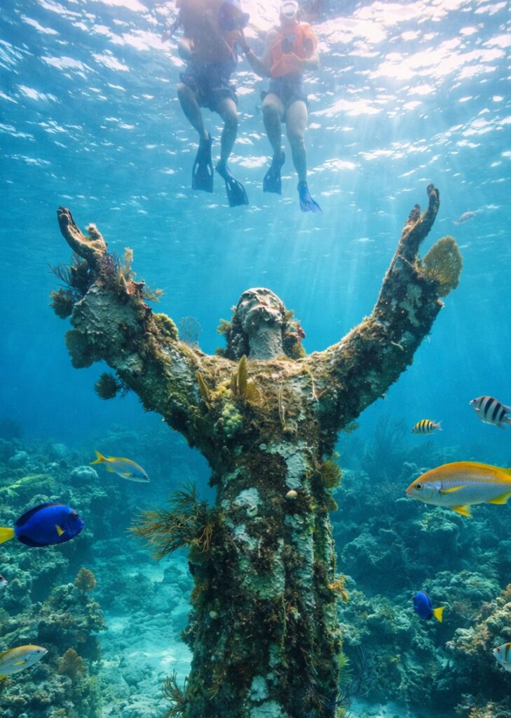 Divers and reef fish surrounding the Christ of the Abyss statue, a popular stop on Key Largo tours - snorkeling and reef.