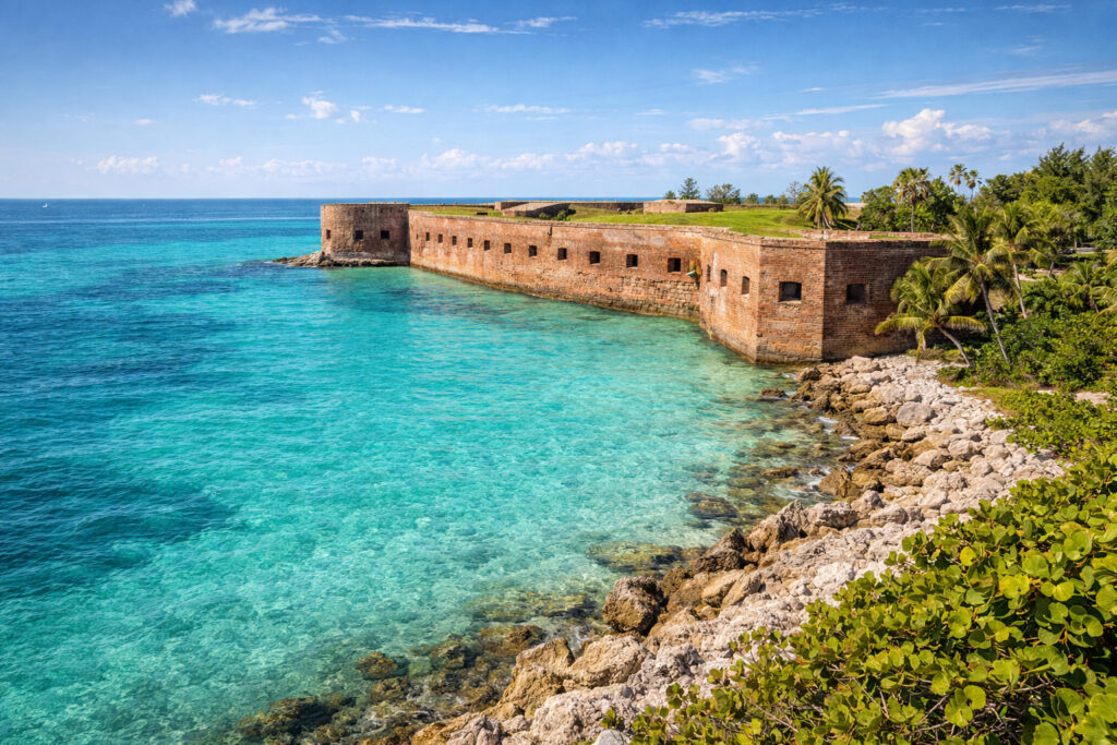 Fort Zachary Taylor on the shoreline of Key West with turquoise Atlantic water.