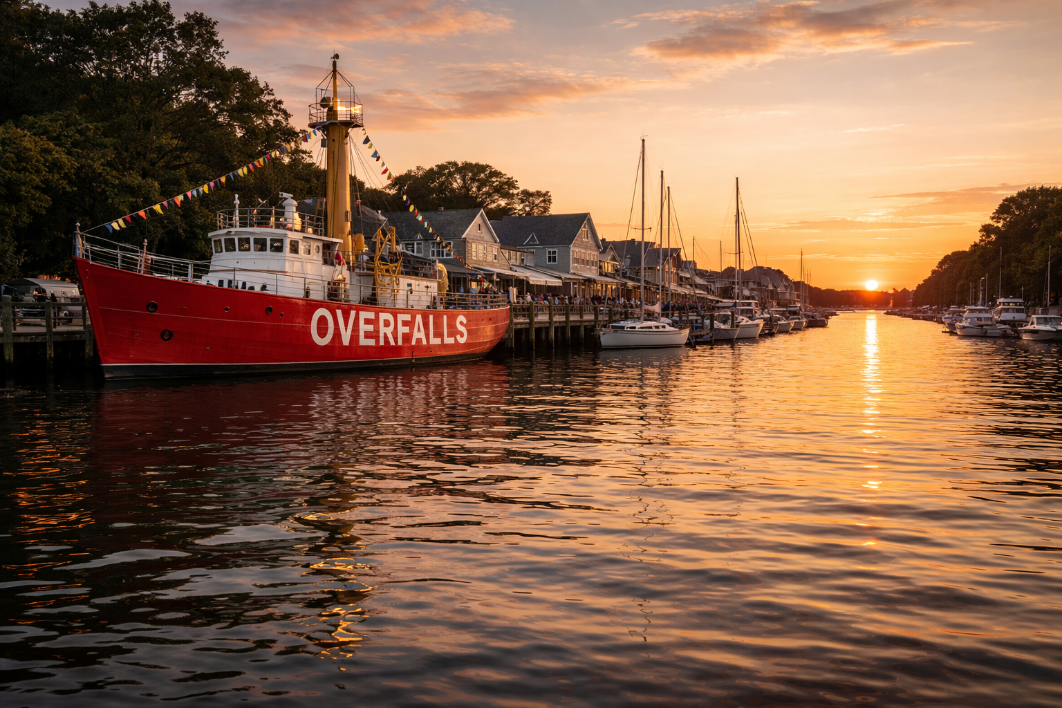 Red Lightship Overfalls docked along the Lewes-Rehoboth Canal with sailboats at sunset in Lewes, Delaware