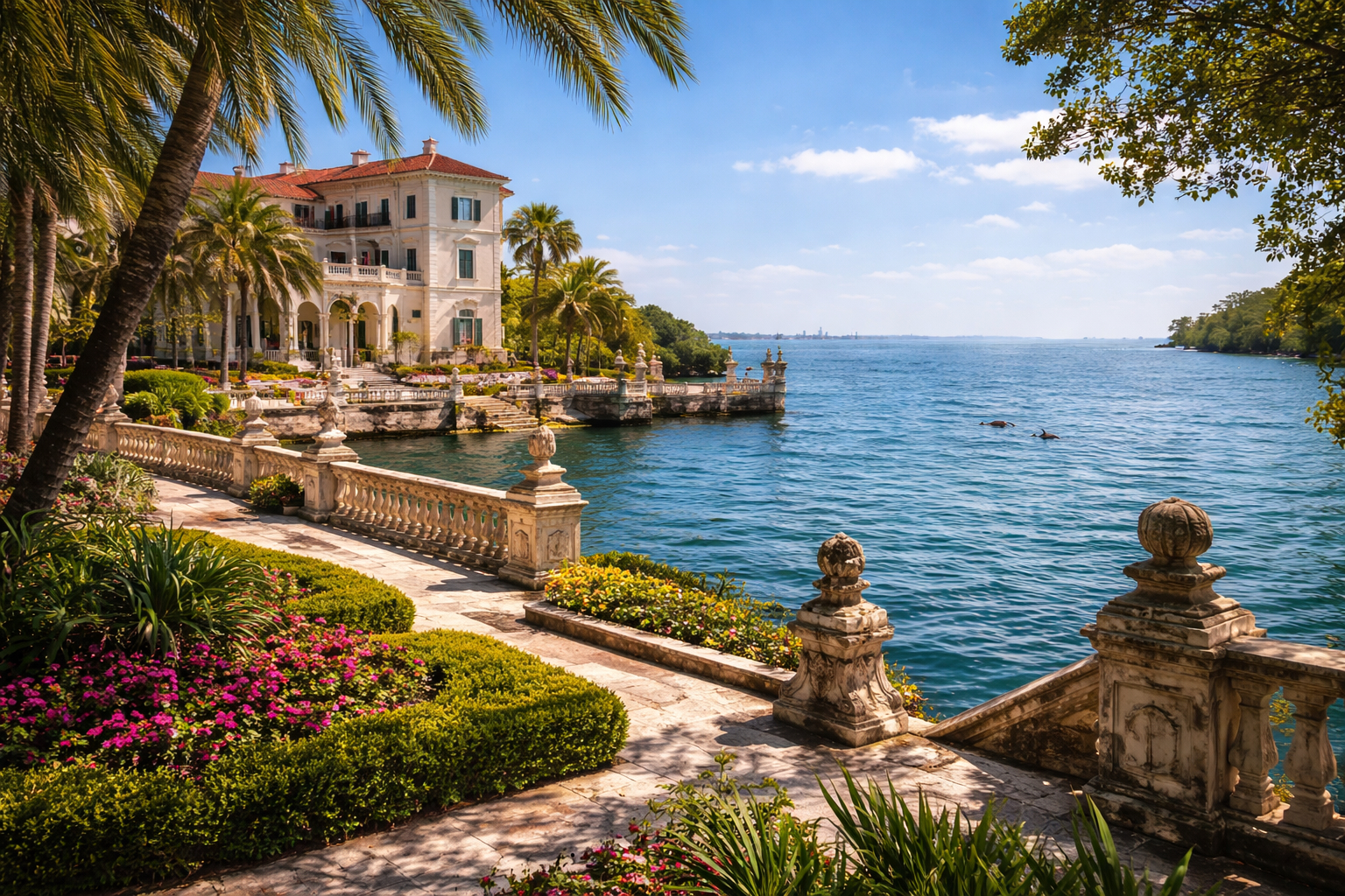 Mediterranean-style terrace and gardens overlooking Biscayne Bay at Vizcaya in Miami, Florida.