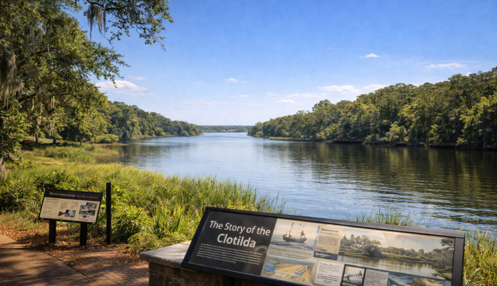 Mobile River landscape in Africatown Alabama with interpretive signage about the Clotilda slave ship during Mobile Tours
