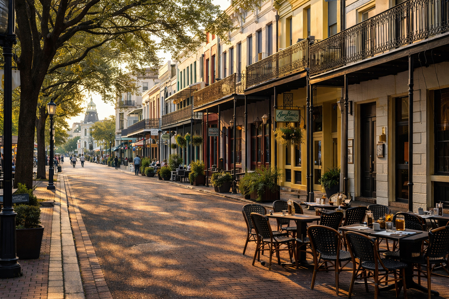 Historic Dauphin Street in downtown Mobile Alabama with colorful storefronts, wrought iron balconies, and outdoor cafés along the city’s entertainment district during Mobile Tours