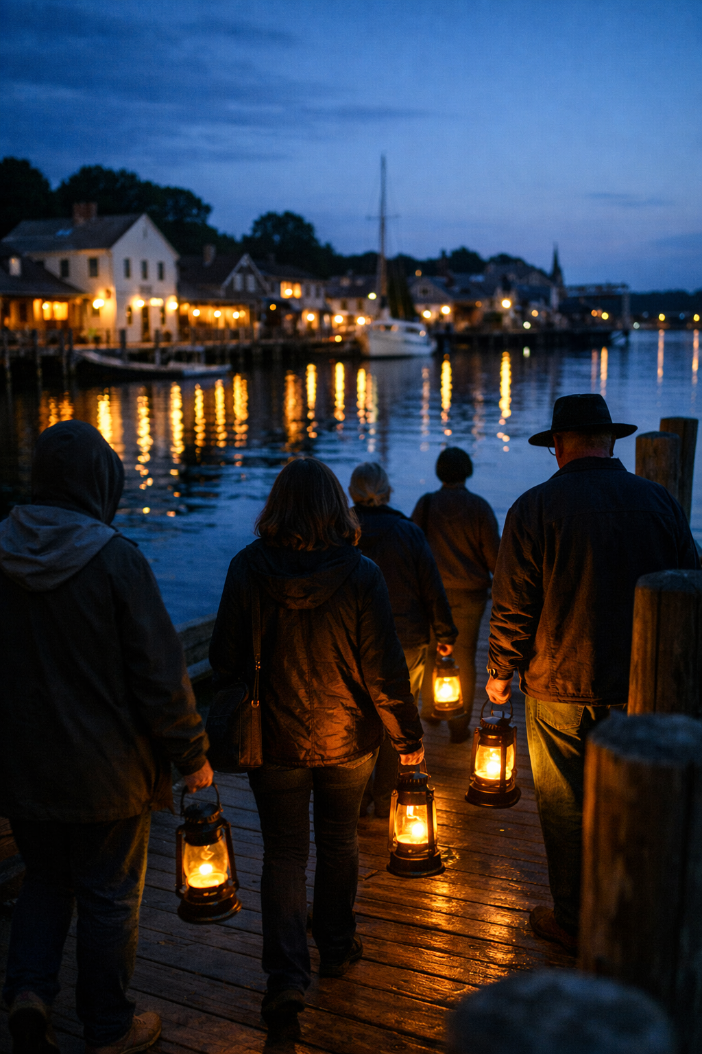 Mystic Tours group carrying lanterns on a peaceful evening ghost tour beside the Mystic River in Mystic Connecticut.