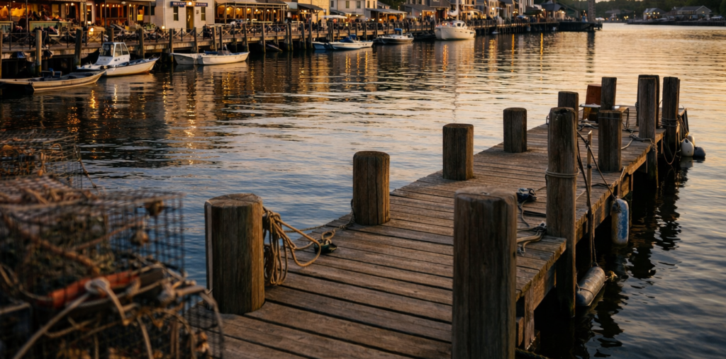 Mystic River waterfront in Mystic Connecticut with historic harbor buildings, wooden docks, small boats - Mystic Tours
