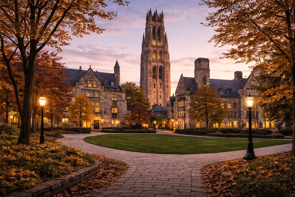 Harkeness Tower on Yale campus in New Haven Connecticut during fall evening with historic stone buildings