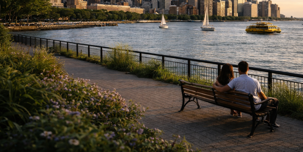 Couple sitting on a bench along the Hudson River waterfront with views of the Lower Manhattan skyline and New York Tours.