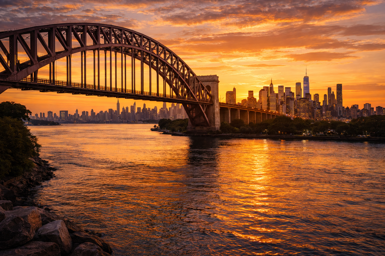 Hell Gate Bridge over the East River in Astoria with the Manhattan skyline in the distance at sunset