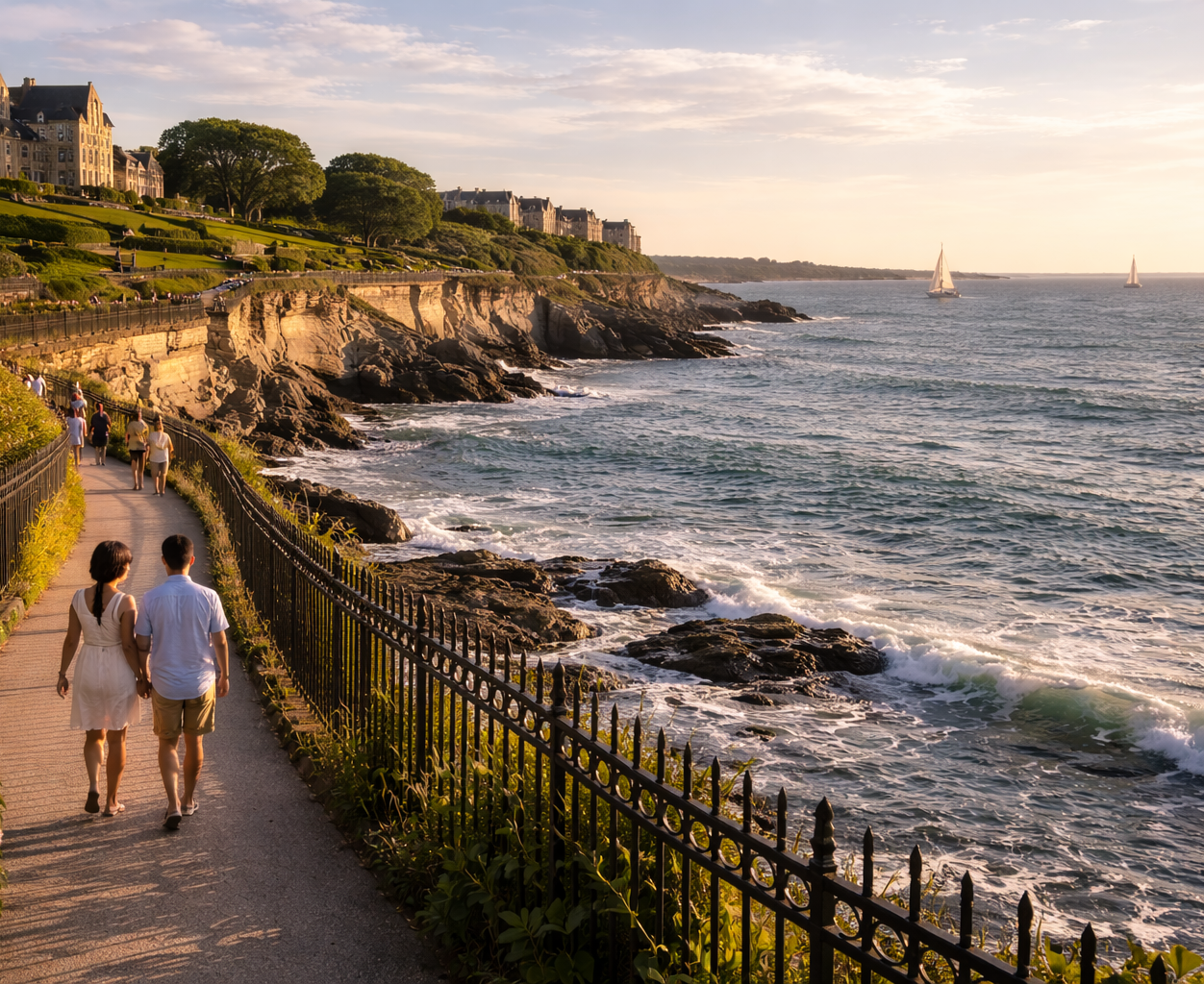 Newport Cliff Walk in Rhode Island with ocean cliffs, Atlantic waves, and historic Gilded Age mansions overlooking the coastline at sunset. Newport Tours