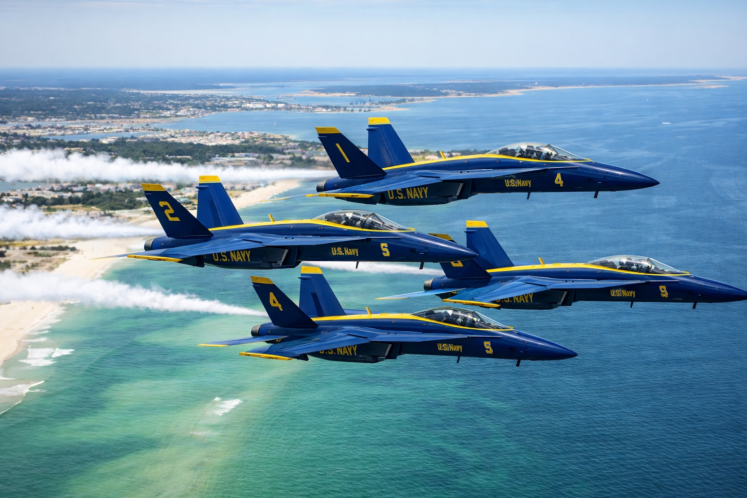 U.S. Navy Blue Angels flying in diamond formation over Pensacola Bay during Pensacola Tours practice demonstration