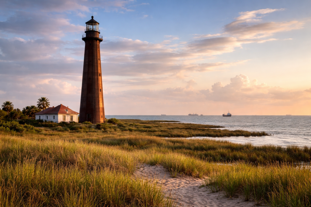 Point Bolivar Lighthouse near Galveston, Texas at sunset overlooking Galveston Bay, a historic landmark often featured on Galveston tours.