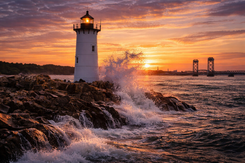 Historic Portsmouth New Hampshire harbor district with Fort Constitution lighthouse and waterfront views