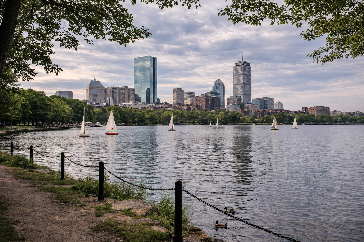 Boston skyline viewed from the Charles River Esplanade with sailboats on the river and tree-lined park path in the foreground
