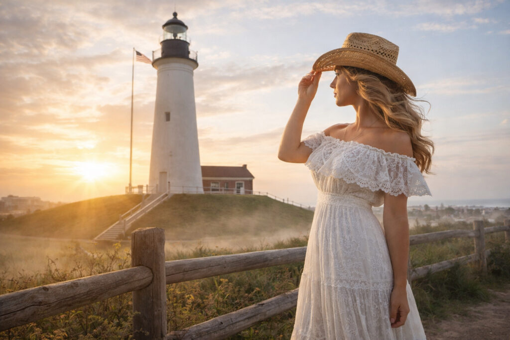 Western-style feminine traveler near Port Isabel Lighthouse at sunset on the Texas Gulf Coast, a landmark often visited on South Padre Island tours.