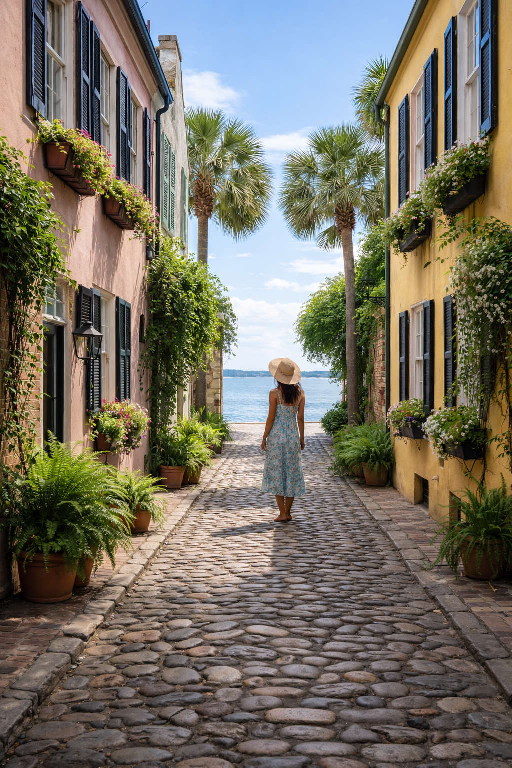 Woman in sundress walking down cobblestone alley toward coastal water framed by colorful historic buildings and palmetto trees in the American Southeast.