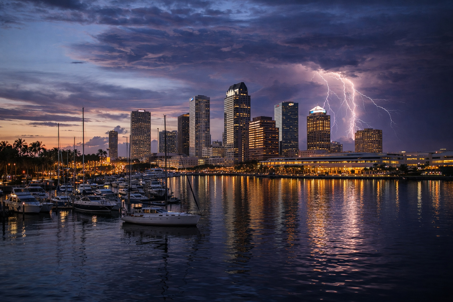 Lightning storm over Tampa Bay at dusk with downtown skyline and marina boats near the Riverwalk during Tampa Bay Tours