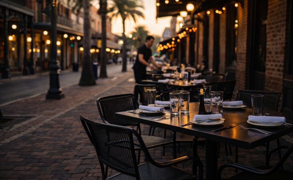 Outdoor restaurant patio on historic 7th Avenue in Ybor City with tables set for dinner during Tampa Bay Tours in Tampa