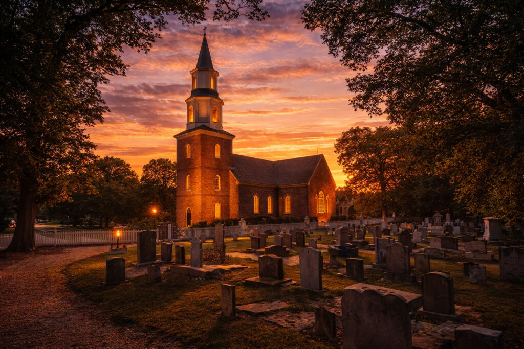 Bruton Parish Church and historic graveyard at sunset in Colonial Williamsburg, Virginia. Williamsburg Tours