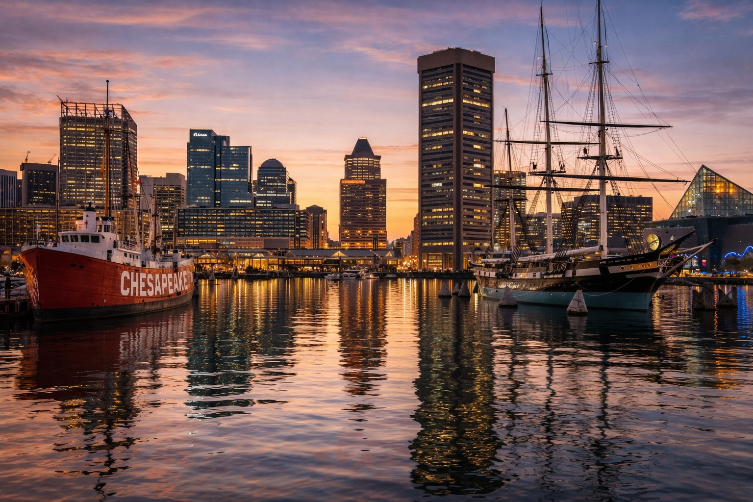 Historic ships in Baltimore Inner Harbor at sunset with the National Aquarium and skyline reflected in the harbor waters for Baltimore Tours