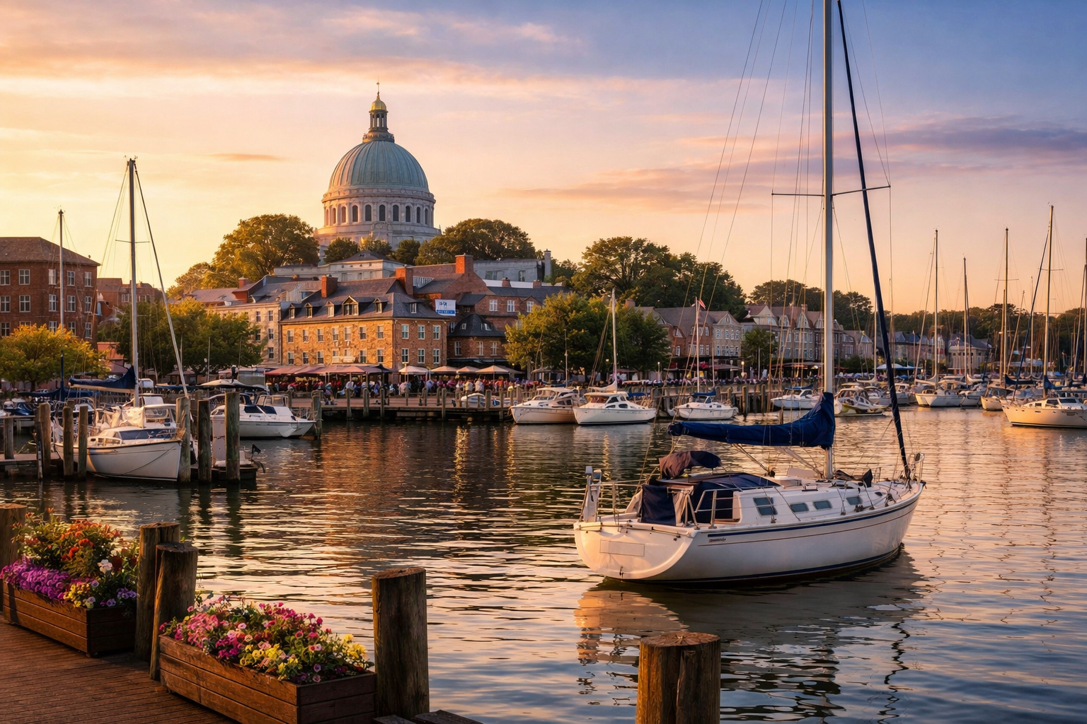 Sailboats in Annapolis Harbor at sunset with the United States Naval Academy Chapel rising above the historic Chesapeake waterfront