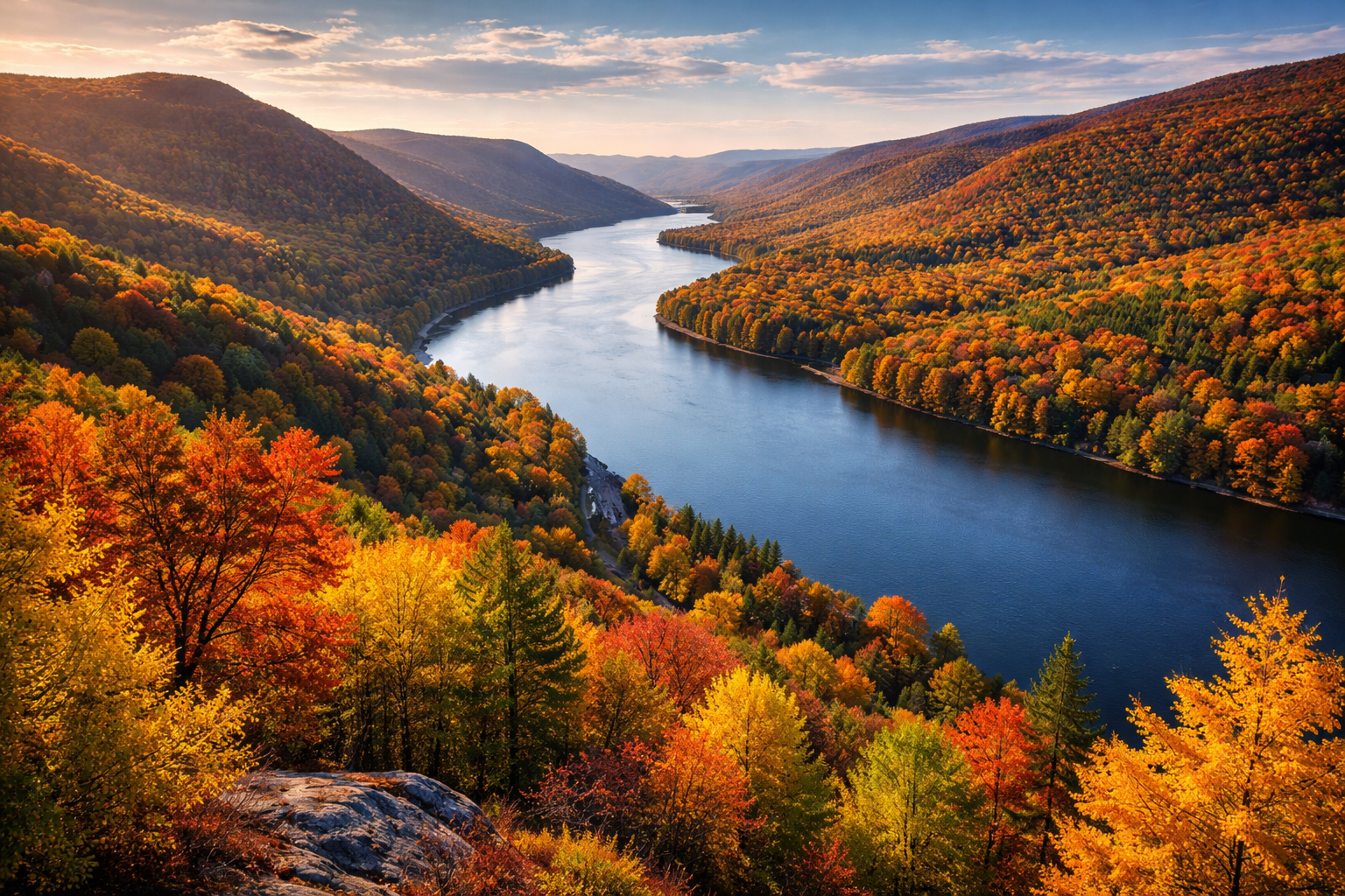 New England Tours fall foliage overlooking river valley mountains