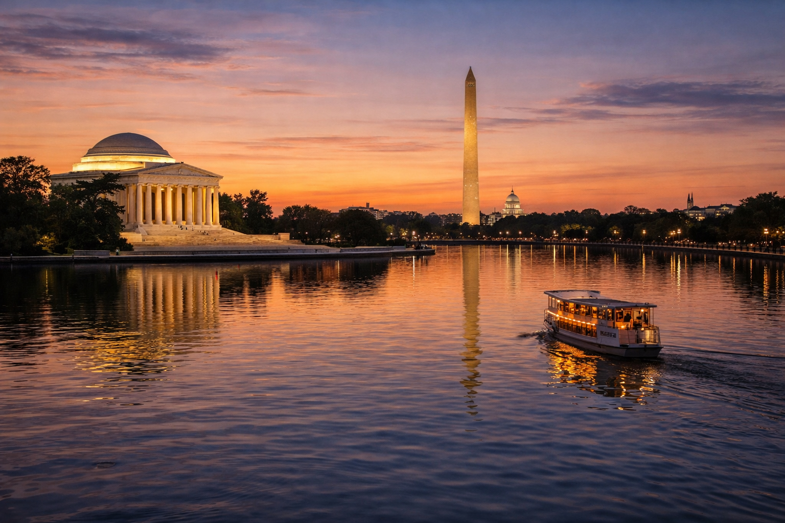 Jefferson Memorial and Washington Monument reflected in the Potomac River at sunset in Washington DC