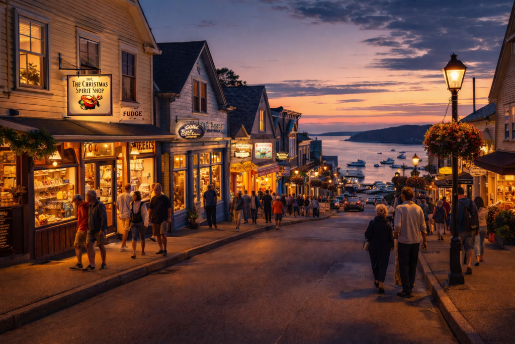 Bar Harbor tours downtown waterfront street with shops and harbor views at sunset in Maine