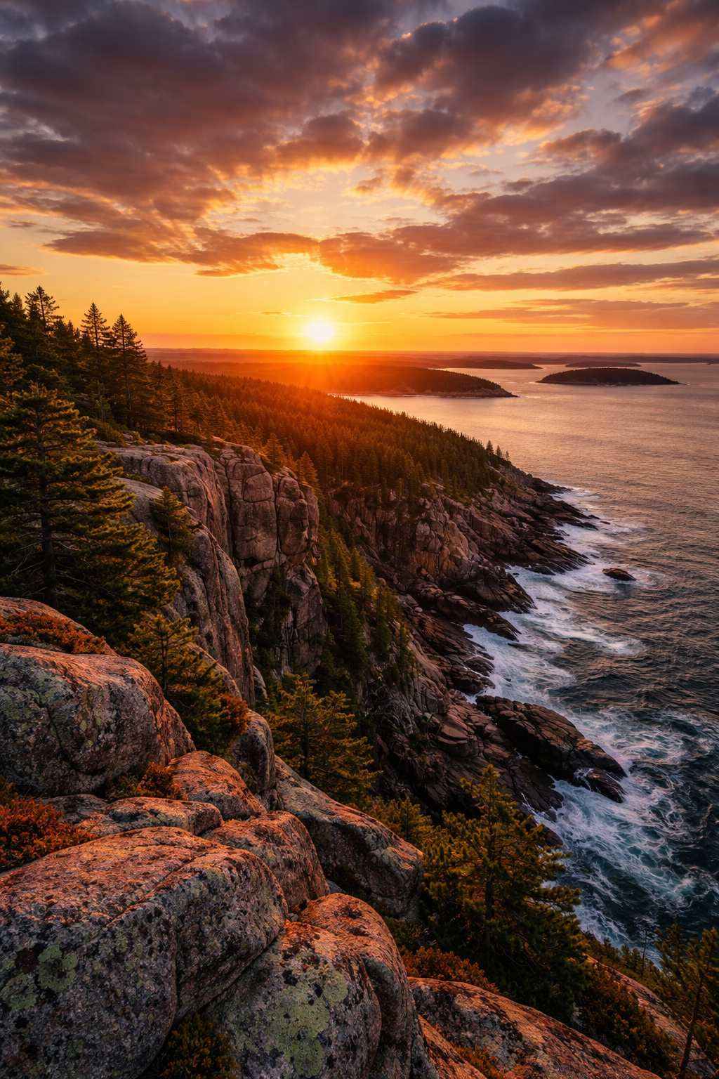 Bar Harbor tours view over Acadia National Park coastline at sunrise from Cadillac Mountain