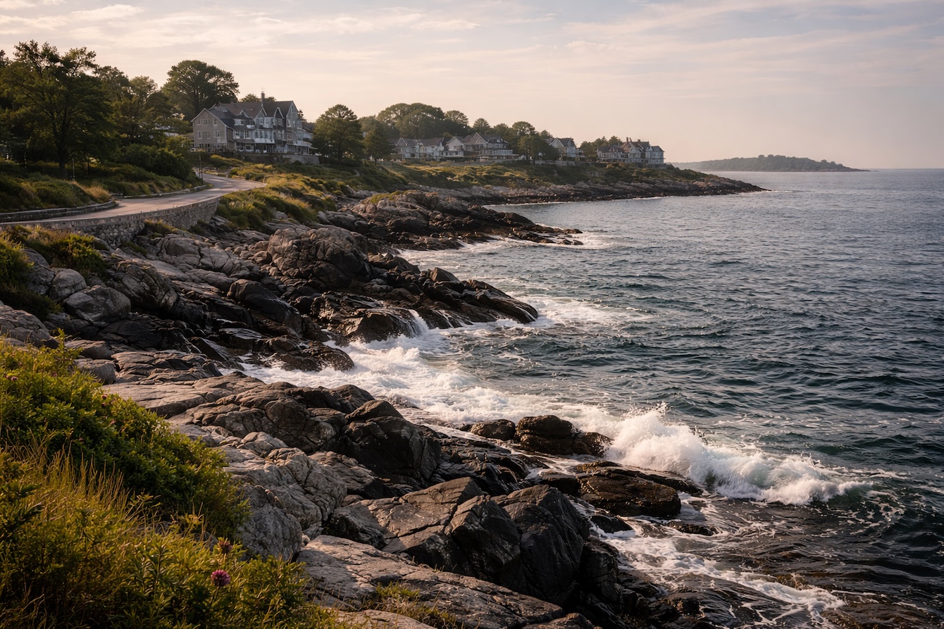 Rocky coastline along Ocean Avenue in Kennebunkport Maine where Kennebunkport tours follow the Atlantic shoreline past granite ledges and coastal homes