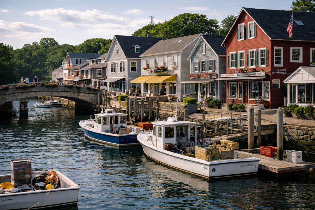 Dock Square and Kennebunk River harbor in Kennebunkport Maine with lobster boats and waterfront shops - Kennebunkport Tours